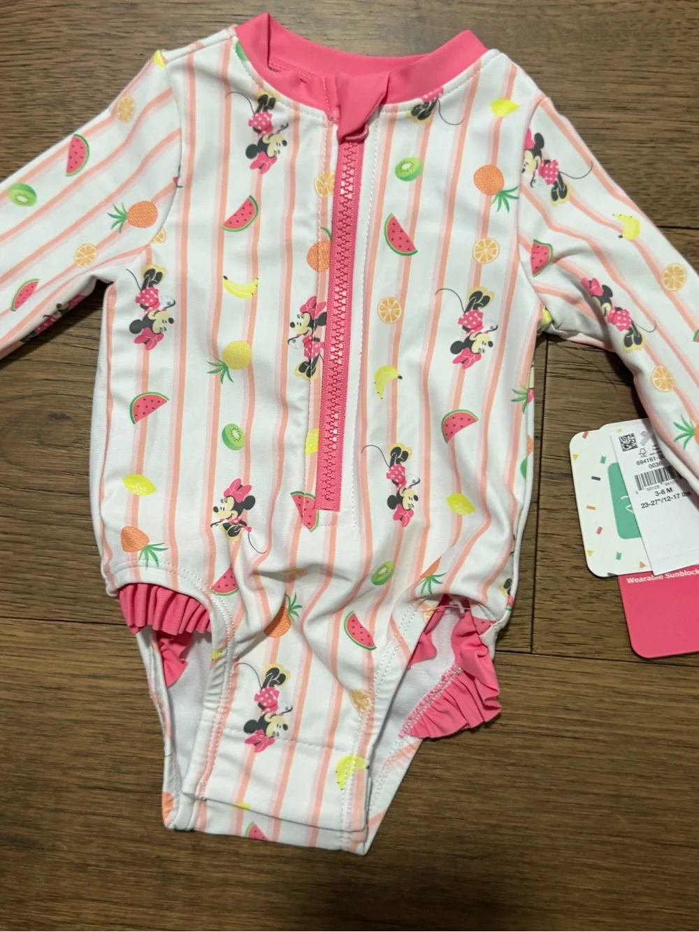 Disney Baby Minnie Mouse Fruit Striped Long Sleeve Swimsuit Baby Size 3-6 Months